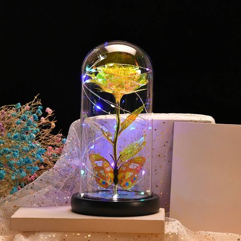 Rose Artificielle Lumineuse - Dôme En Verre - LED Jaune - Pour Anniversaire Fiançailles Saint Valentin - 1 Pièce (1/5)