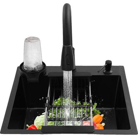 Évier de cuisine, 50x45cm, cuve simple, acier inoxydable, robinet extractible, modes colonne d'eau et douche, capacité du distributeur de savon 300ml (1/5)