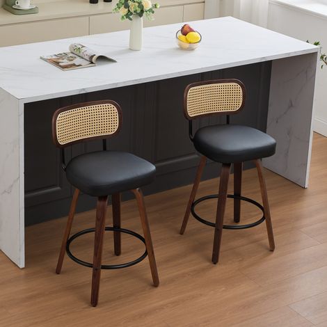 DESMIU Tabouret de Bar Lot de 2 Pivotant avec Dossier en Cannage et Assise Rembourree, en PU, Noir (1/5)