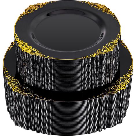 Ensemble de 20 tableaux en plastique bicolore en noir et or - Tableaux jetables noirs - Tableaux jetables robustes avec bordure dorée - Convient pour un dîner chic et un dessert pour 10 personnes (1/5)