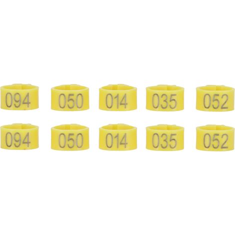 Fascia per zampe di pollame e piccioni, numerata da 001 a 100, diametro 10 mm, apribile, con numeri stampati, gialla, accessorio per uccelli.