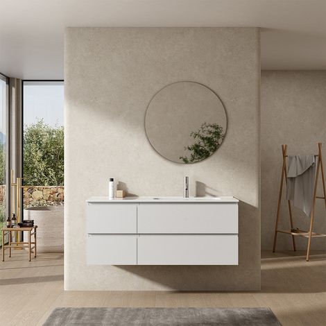 Mobile bagno sospeso 120 cm Bianco Lavabo a Destra in Ceramica Specchio Tondo - Fiji Wood (1/4)