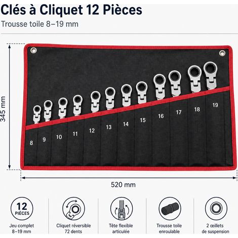 Clés à Cliquet 12 Pièces en Trousse Toile pour Garage 8-19 mm