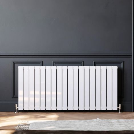 ELEGANT 600 x 1360 mm White Designer Rads White Double Flat Panel Bathroom Radiators Compatible With All Heating Systems + Anthracite Thermostatic Radiator Valves (1/5)