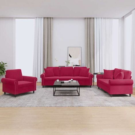 3-tlg. Sofagarnitur mit Kissen Weinrot Samt (1/5)