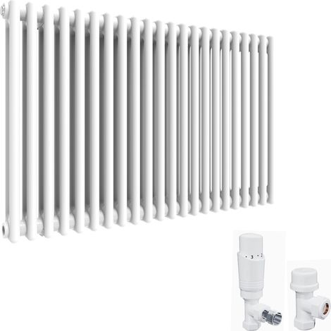 ELEGANT White 600 x 988 mm Traditional Radiator Cast Iron Style Horizontal Radiator White Double Horizontal Column Radiators and White Thermostatic Radiator Valves (1/5)