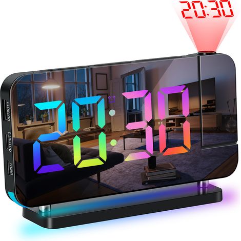 Proyector de techo giratorio de 180 grados con reloj despertador, 3 niveles de brillo, reloj digital RGB de 7 colores, regulador de intensidad de 5 colores. (1/5)
