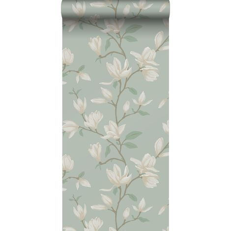 Papier peint à motif magnolia vert céladon – Dimensions 53cm x 10,05m – Écologique et facile à poser – Raccord sauté 26,5cm – Estahome (1/5)