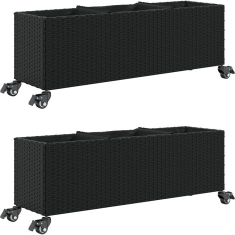 Jardinières et roulettes 2 pcs Bac à fleurs noir 107x32x38 cm résine tressée (1/5)
