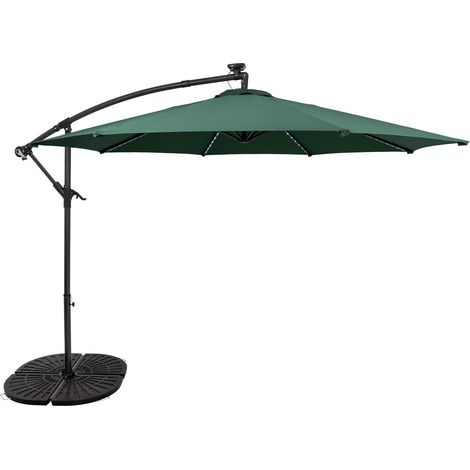 Parasol Jardín Excéntrico LED Solar 3 m Verde con Base de Resina 4 Piezas y Funda – Sombrilla Colgante Exterior con 104 Luces LED, Mástil Lateral, Manivela para Terraza, Patio y Jardín