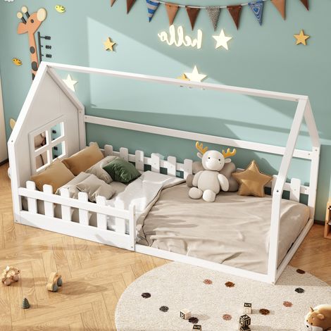Letto a casetta 90×200 cm, Letto Singolo con Struttura a Forma di Casa, senza Materasso, in Pino e MDF, Bianco