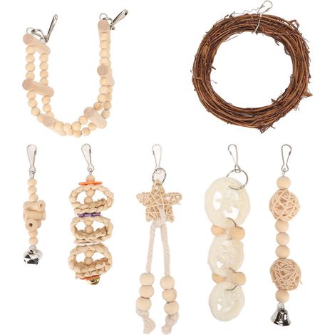 Juego de 7 piezas de juguetes para masticar, percha colgante, anillo natural y accesorios para jaula, para periquitos y loros. (1/5)