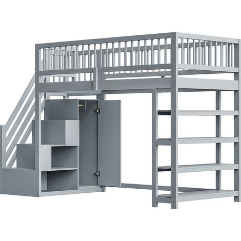 Letto a soppalco bambini 90x200 cm con contenitore, ripiani e scala di sicurezza grigio HOMVRA (1/5)
