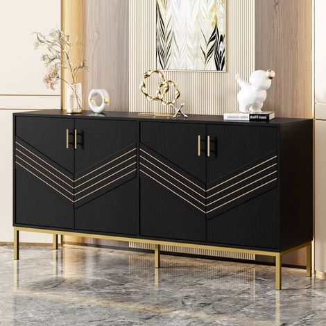 Buffet Salon portes noires 4 portes corps en MDF pieds en métal grande capacité étagères réglables en hauteur noir et or (1/5)