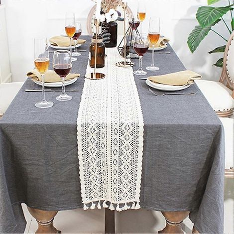 Chemin de table en coton mélangé, orné de dentelle à pompons et de motifs floraux romantiques rétro, crochet ajouré, 24 x 160 cm (1/3)