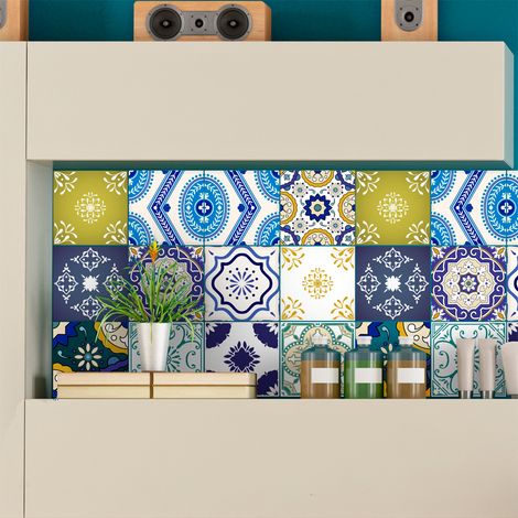 Sticker Mural Carrelage adhésif Cuisine Salle de Bain - 16 STICKERS CARRELAGES AZULEJOS VINTAGE RAFFINÉ - 16stickers10x10cm (1/5)