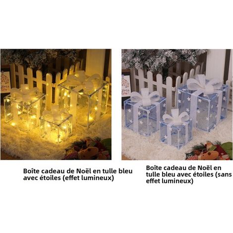 Coffret Cadeau Pliable de Noël 3 Pièces avec Lumières LED et Télécommande - Décoration Festive en Tulle Bleu Étoiles Blanches pour Anniversaire, Ensemble Grand Moyen Petit (15,5-25,5 cm)-lsw