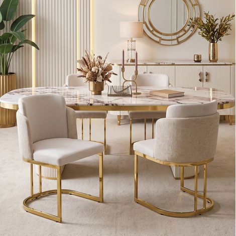 Set di 4 sedie da pranzo con doppio schienale, gambe in metallo specchiate, chenille beige e oro (1/5)