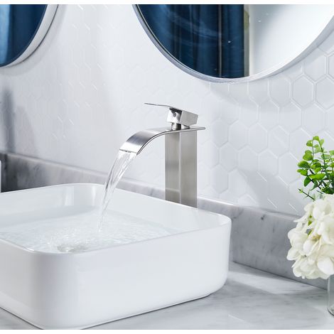 FORIOUS Mitigeur de Lavabo Nickelé Haut Robinet Salle de Bain Cascade Mitigeur pour Vasque Haut de Gamme Design Moderne (1/4)