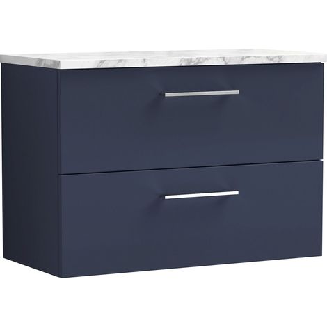 Nuie Arno Wall Hung 2-Drawer Vanity Unit with Carrera Marble Worktop 800mm Wide - Midnight Blue (1/4)