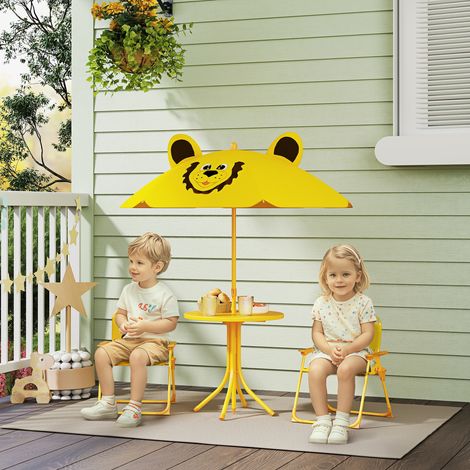 Ensemble de jardin pour enfants de 2 à 5 ans comprenant une table ronde, 2 chaises pliantes et un parasol. Jaune