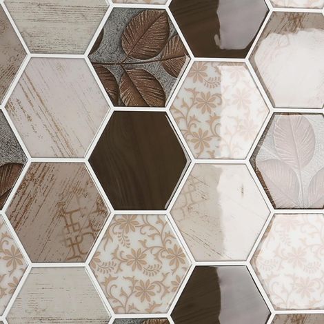 16 Pièces Marron Blanc Credence Adhesive pour Cuisine Imperméable Credence Adhesive Effet Bois Hexagone Carrelage Adhesif Mural Salle de Bain Stickers Carrelage Buanderie 30.5cm x 30.5cm (1/5)