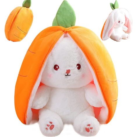 Lapin de Pâques en Peluche, Coussin Réversible Carotte Fraise avec Fermeture Éclair, Oreiller Décoratif Canapé, Jouet Doux pour Enfants Garçons Filles (1/5)