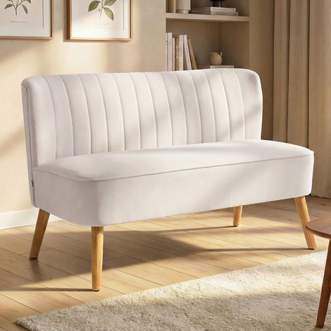 Sofá de diseño retro, de 2 plazas, con patas de madera, 117 cm x 56,5 cm x 77 cm, color blanco crema. (1/5)