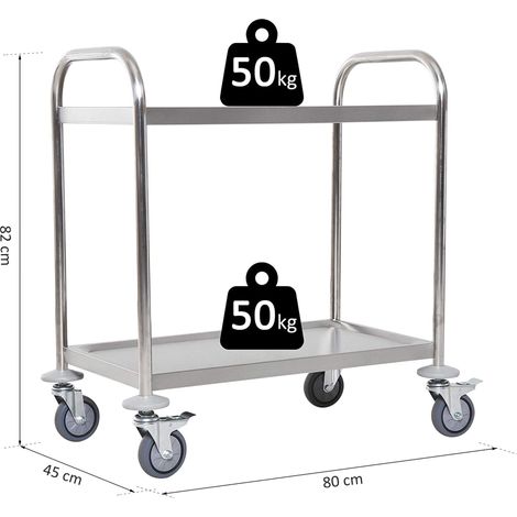 Chariot de cuisine en acier inoxydable avec 2 plateaux et 2 bras pour salle à manger/salon, 80 x 45 x 82 cm, argent (1/5)