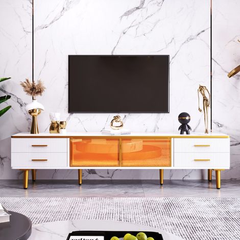 Meuble TV design 170cm - 4 tiroirs dorés & 2 portes verre - Pieds métal doré contemporain (1/5)