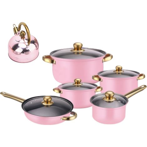 Ensemble de casseroles en acier inoxydable, comprenant des casseroles, une poêle à frire, une théière de 3 litres, des poignées dorées et des couvercles en verre rose. (1/2)