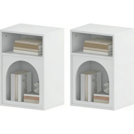 Set di 2 comodini 40x30x60 cm con 2 nicchie aperte, in MDF bianco, dal design arrotondato, ideali per la camera da letto (1/5)