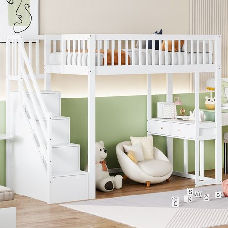 Lit mezzanine de 90x200 avec table multifonctionnelle,escaliers de rangement sécurisés,cadre de lit en pin massif pour enfants et adolescents Blanc-Go (1/5)