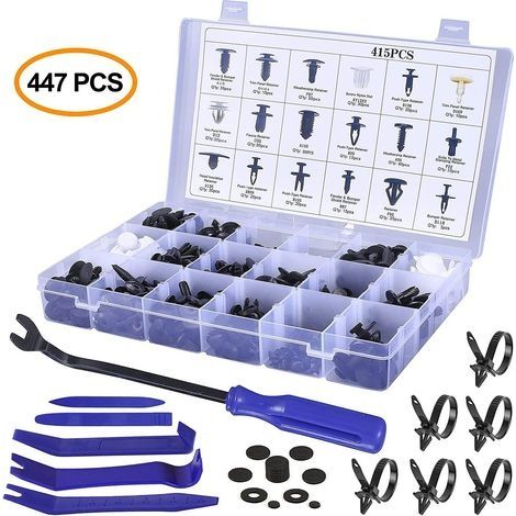 447Pcs Clips Voiture, Noir Nylon Rivet Clips Plastique Fixation de Protection, Outil Installation pour Auto Voitures Panneaux de Portes avec Attache Remover Outils, Attaches de Câble (1/5)