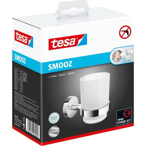 tesa SMOOZ Portabicchiere - Porta Spazzolino e Dentifricio a Parete senza Perforazione, in Metallo Cromato, Inossidabile e Vetro Satinato - Impermeabile - Colla Rimovibile Inclusa