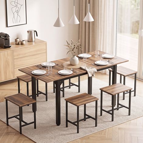 Ensemble de salle à manger 7 pièces pour 4 à 6 personnes, table extensible de 160 cm, noyer noir (1/5)