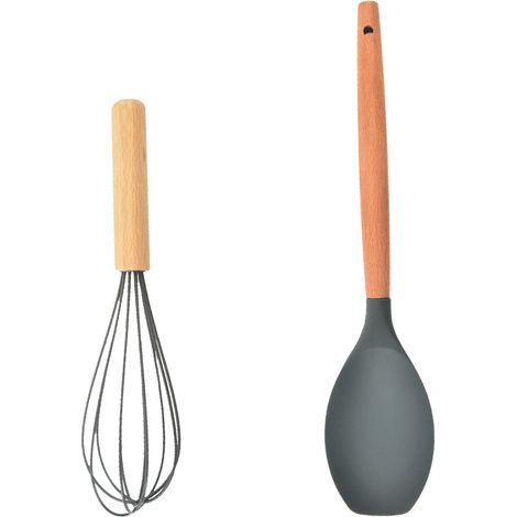 Ensemble Ustensiles Cuisine - Silicone Alimentaire Et Manche En Bois - Résistant Chaleur Pour Poêles Antiadhésives - Lot De 2 (1/5)