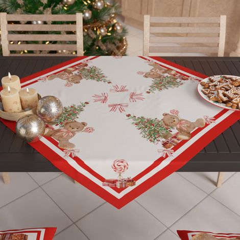 Centre de Table de Noël 90x90 cm, Tissu en Microfibre Doux et Résistant, Décoration Élégante pour Fêtes, Motif 'Ourson' (1/3)