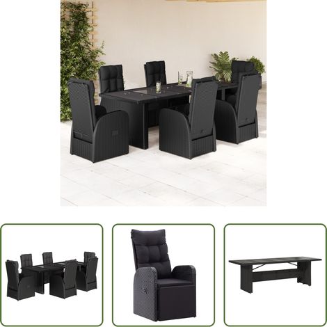 Gartentisch - 7-tlg. Garten-Essgruppe mit Kissen Schwarz Poly Rattan (1/5)
