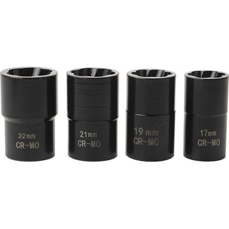 Ensemble de 5 pièces comprenant des clés à écrous de roue à cannelures multiples, des clés à douille antivol de roue et des extracteurs d'écrous de roue (22 mm, 21 mm, 19 mm, 17 mm)