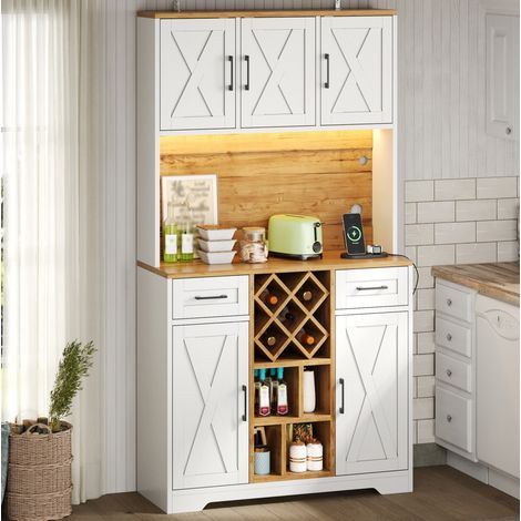 Credenza da cucina a LED 105x40x180 cm con porte USB, portabottiglie e cassetti estraibili, MDF naturale - bianco (1/5)