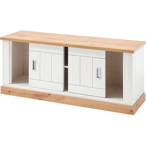Mobile Porta TV 2 Ante Scorrevoli Con Vano A Giorno Con 2 Scomparti Interni Parete Attrezzata Design Moderno Salvaspazio Per Soggiorno Salotto Zona Living 145 x 46 x 60 Cm Colore Bianco E Rovere