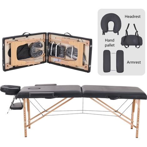 Table de Massage Pliante 60 cm Largeur Bois Table de Soin Tatouage Lit de Accoudoir Massage Table Cils Extension Portable 2 Sections Noir (1/5)