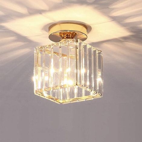 Plafonnier Moderne Lustre Abat-jour en Cristal et Métal LED Suspension Luminaire éclairage E27 Lampe de Plafond Carré, Doré (1/5)