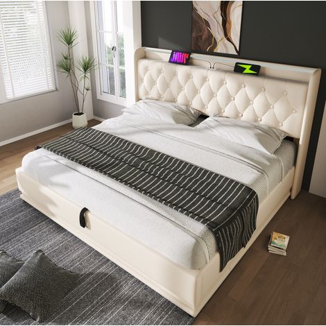 Bett Doppelbett Stauraum 160x200 LED USB PU Weiß OKMYHOME (1/5)
