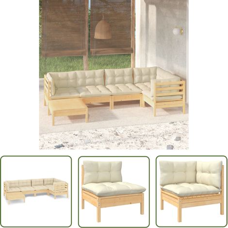 Salon de jardin 6 pcs,Mobilier de terrasse,Table et Chaise pour Relax avec coussins crème Bois de pin massif -YZ287502 (1/5)