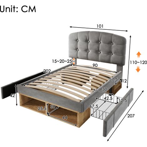 Lit simple 90x200, lit capitonné en velours gris avec cadre à lattes, cadre de lit avec tête de lit incurvée réglable en hauteur, lit avec tiroirs et espace de rangement, lit pour enfant, lit de chamb (1/5)