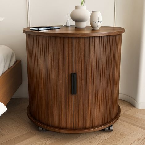 Comodino cilindrico 75x67x14 cm, con stazione di ricarica, porta scorrevole, MDF, effetto noce (1/5)