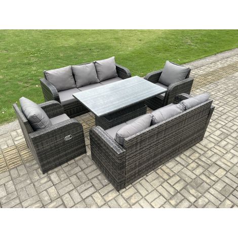 Fimous 8 Seater PE Rattan Outdoor Garden Furniture Sets Height Adjustable Rising lifting DiningTable Sofa Set with Reclining Chair Dark Grey Mixed (1/5)