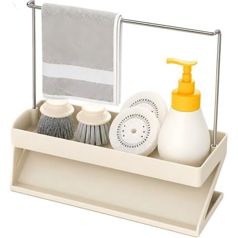 Organisateur Évier Cuisine, Éponge Torchon, Inox Blanc, Plan de Travail, Support, Rangement, Métal (1/5)